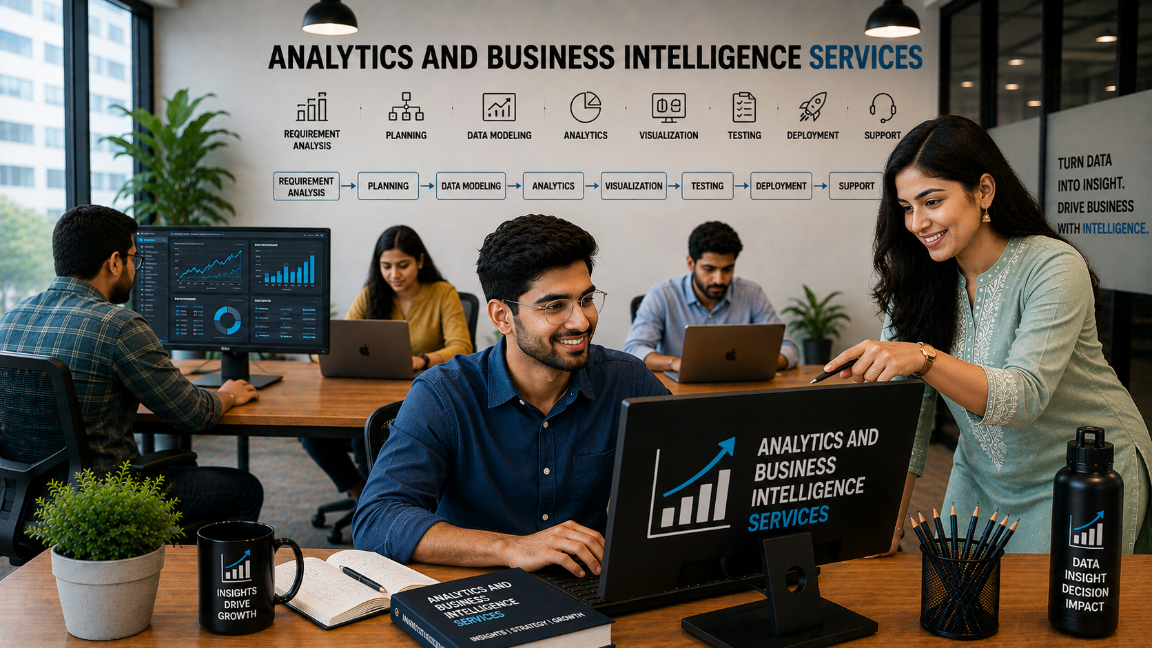 Business intelligence specialists reviewing dashboards and analytics