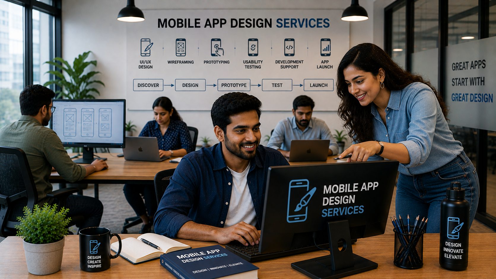 Mobile app designers reviewing application screens and user journeys