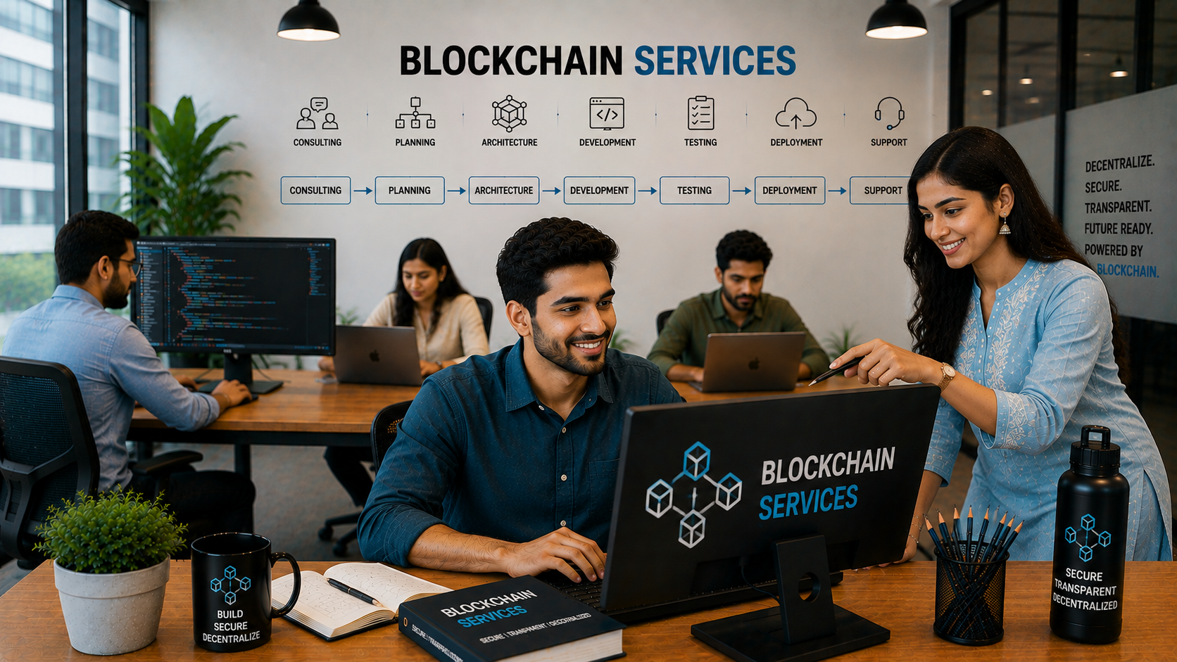 Blockchain developers reviewing distributed application architecture