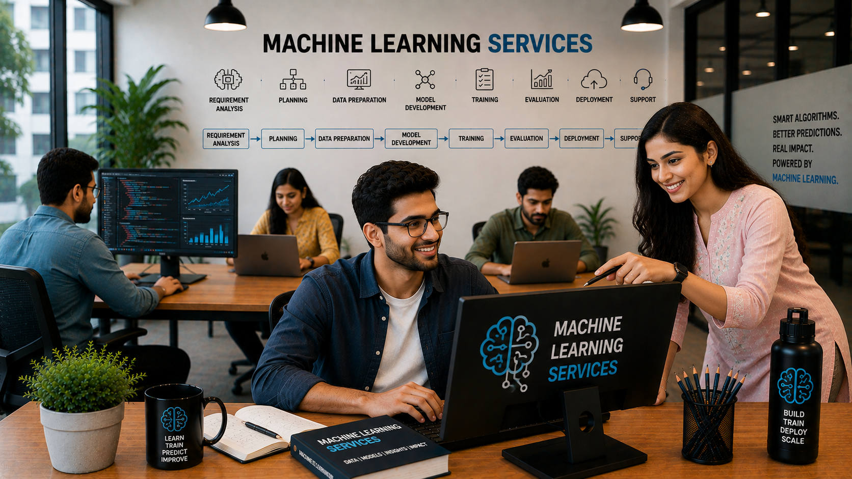 Machine learning specialists reviewing model performance and data