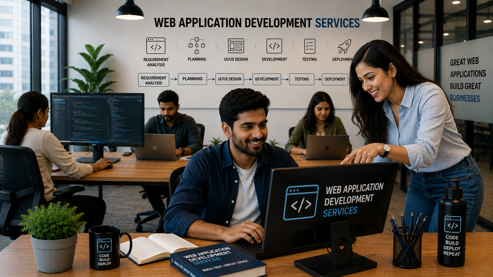 Web application developers reviewing product functionality